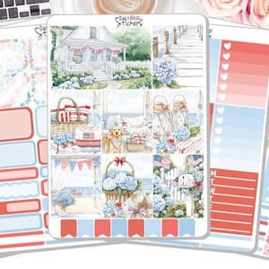 NOUVEAU ! Kit d'autocollants hebdomadaires - Hortensia du 4 juillet - Été - Kit d'autocollants du 4 juillet - Aquarelles - Stickers pour agenda DD-00770a-e