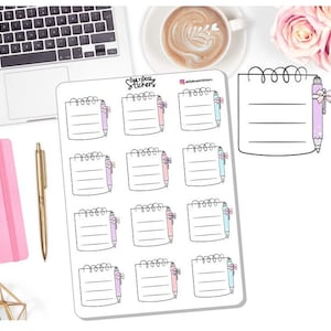 May include: A sheet of planner stickers with nine notepad designs featuring a pen with a bow. Each notepad has a lined space for writing. The stickers are white with black outlines and feature pink, blue, and purple pens.