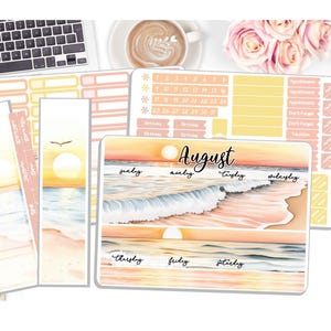May include: A collection of planner stickers with a beach theme. The stickers feature watercolor illustrations of a sunset over the ocean, with the word "August" and days of the week. The color palette includes shades of orange, yellow, and blue.