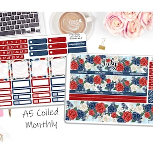 NOUVEAU ! - Kit d'autocollants enroulés mensuels A5 pour juillet - Floral 4 juillet - Kit mensuel A5 pour juillet - Stickers pour agenda - Kit de 2 pages DD-00951juillet2