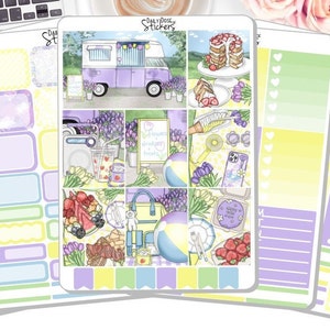 May include: A set of colorful planner stickers featuring a purple and white ice cream truck, a fruit salad, a beach ball, and a floral arrangement. The stickers are on a white background with a light blue, yellow, and green border.