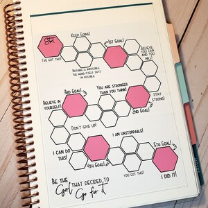 May include: A motivational planner page with a honeycomb design and pink motivational quotes. The page includes phrases like "Keep Going!" and "You Got This!" and "I Did It!"