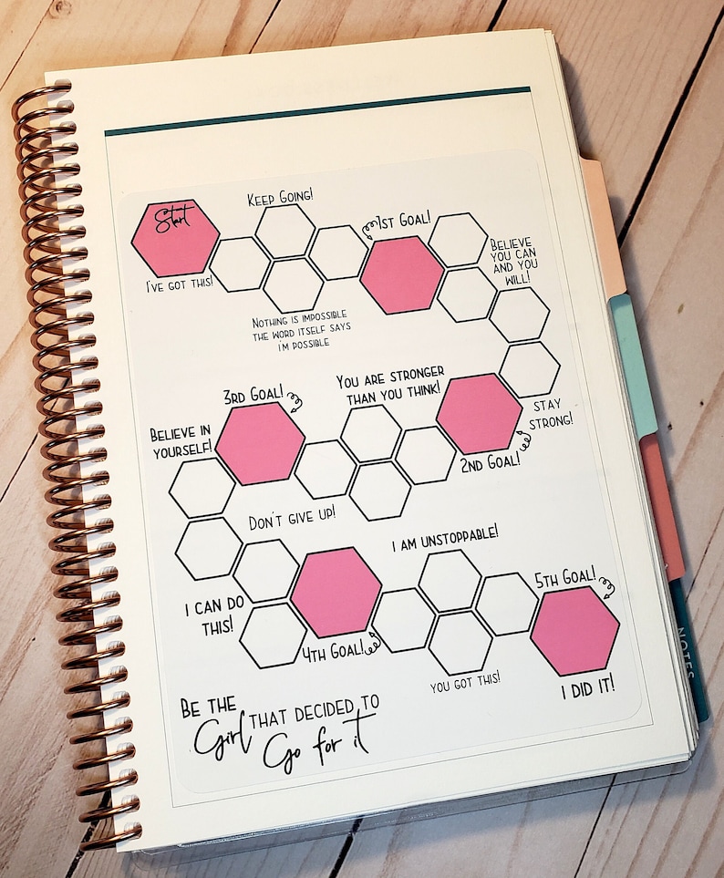 May include: A motivational planner page with a honeycomb design and pink motivational quotes. The page includes phrases like "Keep Going!" and "You Got This!" and "I Did It!"