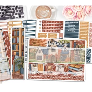 May include: A printable November planner sticker set with a fall theme. The stickers feature a house with a brick exterior and a brown roof, surrounded by fall foliage. The planner stickers also include a bookshelf with books, a plaid pattern, and the text "November".
