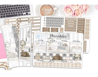 Monthly November Sticker Kit- Grateful Thankful Blessed -November Monthly-Planner Stickers- 3 Pg Kit, 1 Sidebar Notes Kit Dashboard DD-00052