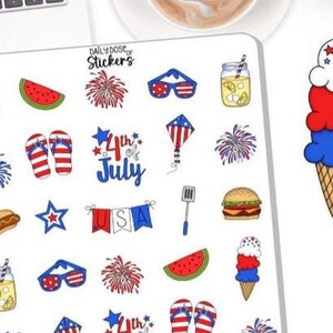 May include: A collection of patriotic stickers featuring 4th of July themed illustrations. Designs include an ice cream cone, watermelon slices, fireworks, sunglasses, a kite, and the text "4th of July".