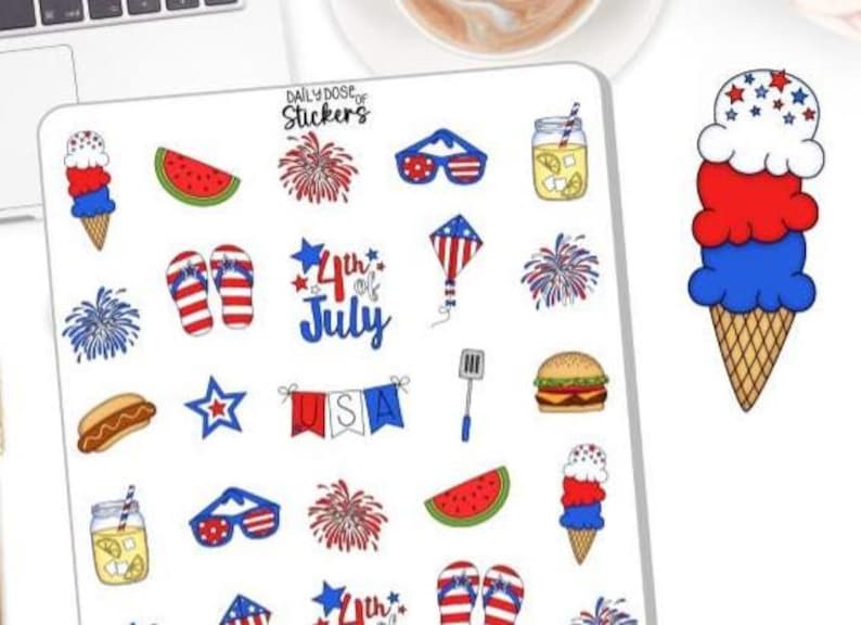 May include: A collection of patriotic stickers featuring 4th of July themed illustrations. Designs include an ice cream cone, watermelon slices, fireworks, sunglasses, a kite, and the text "4th of July".