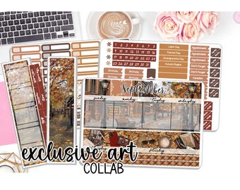 NEW! September Monthly Kit- Autumn in the City- Exclusive Art Collab - Planner Stickers- 3 Pg Kit & 1 Sidebar- Notes Kit Dashboard DD-00835