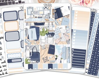 May include: A set of planner stickers featuring a blue and white color scheme with a work-from-home theme. The stickers include illustrations of a desk, a laptop, a coffee mug, and a notebook. The text "JE NE SAIS QUOI" is included on one of the stickers.