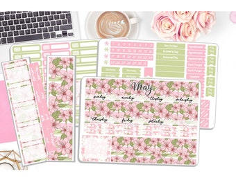 NEW! - Monthly May Sticker Kit - Floral Cherry Blossom - May Monthly Kit  - Planner Stickers - 3 Pg Kit & 1 Sidebar  DD-00219