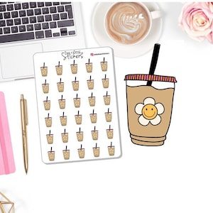 NEW! Iced Coffee Cup with Daisy Smiley Face Icons  - Planner Stickers DD-00350B