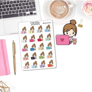 NEW! Laptop Sticker - Character Sticker - Character with Laptop - Work - Work from Home - Study - Coffee Sticker - Planner Stickers DD-00023