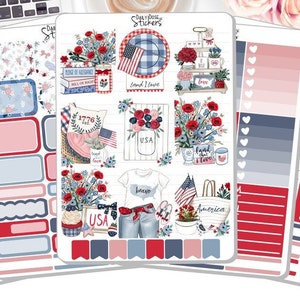 NOUVEAU ! - Kit d'autocollants hebdomadaires - Patriotiques - Stickers du 4 juillet - 4 juillet - Memorial Day - Stickers pour agenda DD-00822a-e