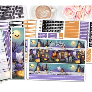 October Monthly Sticker Kit - Spooky Halloween - October Monthly Kit - Planner Stickers - 3 Pg Kit & 1 Sidebar Notes Kit Dashboard  DD-00159