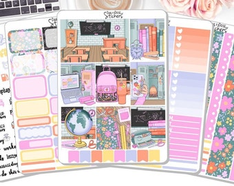 May include: A set of colorful planner stickers featuring a school theme. The stickers include a classroom scene, a backpack, a globe, and other school supplies. The stickers are perfect for adding a touch of fun and organization to your planner.