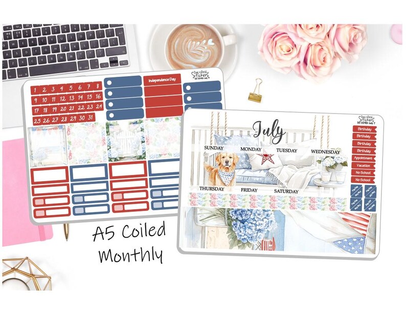 NEW! - A5 Monthly Coiled July Sticker Kit - Hello July - July 4th ...