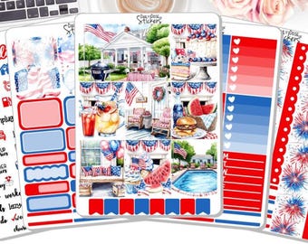 May include: A collection of planner stickers with a patriotic theme, featuring red, white, and blue designs. The stickers include illustrations of fireworks, flags, and various icons. The text "hell" and "day off unplug" are visible.