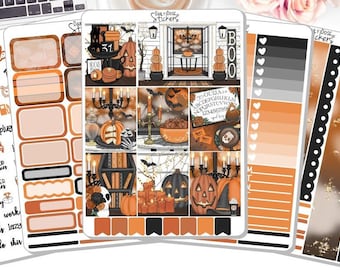 May include: A set of Halloween themed planner stickers featuring orange, black and white colours. The stickers include a variety of designs, such as pumpkins, bats, candles and a Ouija board. The stickers are perfect for adding a spooky touch to your planner.