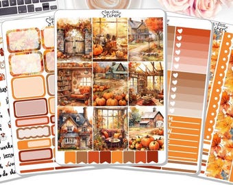 May include: A set of autumn-themed planner stickers featuring illustrations of houses, pumpkins, and autumn foliage. The stickers are in various sizes and shapes, including a full-page layout with a grid of smaller images. The stickers are printed on white paper with a glossy finish.