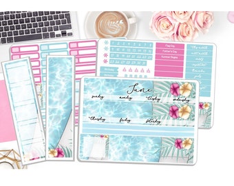 NEW! - June Monthly Sticker Kit - Poolside - Summer Monthly Kit - Monthly Sticker Kit  - Planner Stickers - 3 Pg Kit & 1 Sidebar  DD-00431