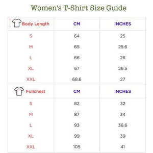 Pu&ograve; includere: Una tabella di taglie per magliette da donna, che mostra le misure in pollici e centimetri per la lunghezza del corpo e il petto completo. Le taglie includono S, M, L, XL e XXL.