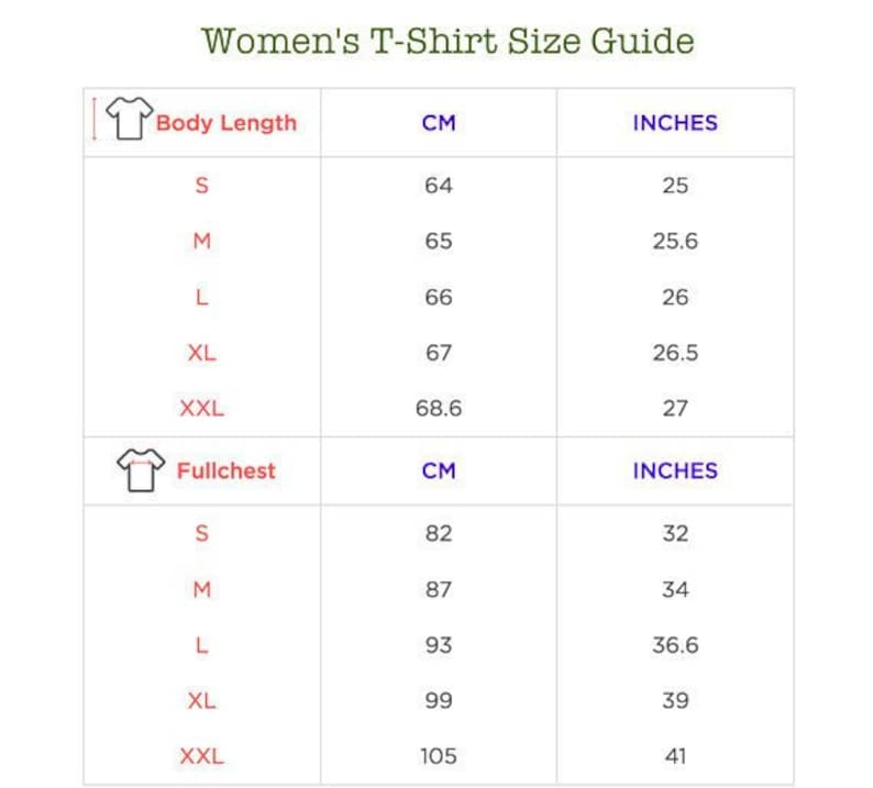 Pu&ograve; includere: Una tabella di taglie per magliette da donna, che mostra le misure in pollici e centimetri per la lunghezza del corpo e il petto completo. Le taglie includono S, M, L, XL e XXL.
