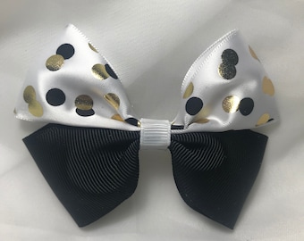 Black White Gold Dots Bow, Hair Bow, Gold Dots Bow, Black and White Bow, Hair Bow,  Wedding Hair Bow, Toddler Bow, Children's Bow