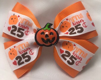 Halloween Pumpkin Kisses Bow, Hair Bow, Pumpkin Bow, Halloween Bow, Orange and White Hair Bow, Halloween Pumpkin Hair Bow, Toddler Bow