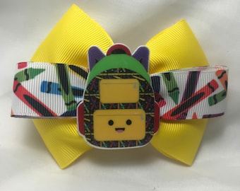 Back to School Backpack Bow, Hair Bow, First Day Bow, School Day Bow, Crayons Hair Bow, Backpack School Day Hair Bow, Toddler Bow