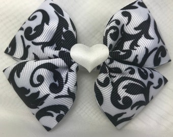 Black and White Bow, Damask Hair Bow, Holiday Hair Bow, Hair Bow, Girls Hair Bow, Christmas Bow, First Birthday, Toddler Hair Bow, Girl's