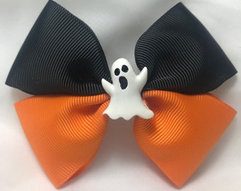 Halloween Ghost Bow, Hair Bow, Halloween Bow, Ghost Bow, Orange and Black Hair Bow, Halloween White Ghost Hair Bow, Toddler Bow