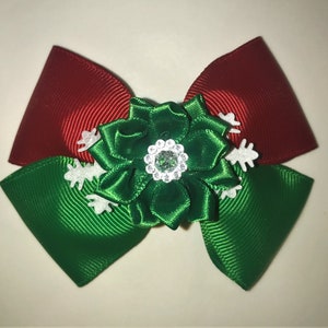 Christmas Bow, Green & Red Bow, Holiday Flower Hair Bow, Hair Bow, Girls Hair Bow, Snowflake Bow, First Christmas, Toddler Hair Bow,
