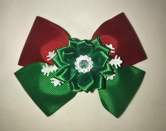 Christmas Bow, Green & Red Bow, Holiday Flower Hair Bow, Hair Bow, Girls Hair Bow, Snowflake Bow, First Christmas, Toddler Hair Bow,