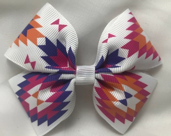 White Tribal Hair Bow, Hair Bow, Colored Shapes Bow, Tribal Bow, Hair Bow, Colorful Bow, Toddler Bow, Children's Bow