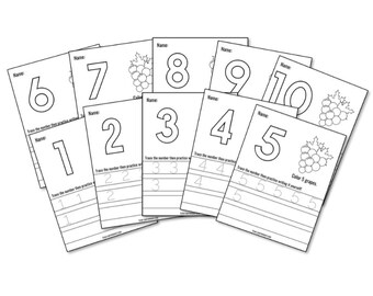 Puede incluir: Hojas de trabajo imprimibles en blanco y negro para trazar los números del 1 al 10. Cada hoja de trabajo presenta un número grande para trazar, seguido de líneas para practicar la escritura del número. Las hojas de trabajo también incluyen una pequeña imagen de uvas para colorear.