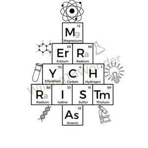 May include: A black and white illustration of a periodic table with the elements arranged in a pyramid shape. The elements are represented by their symbols and atomic numbers. The elements are: Mg, Er, Ra, Y, C, H, Ra, I, S, Tm, and As. The illustration includes various scientific symbols, such as an atom, a beaker, a light bulb, a microscope, and a DNA strand.