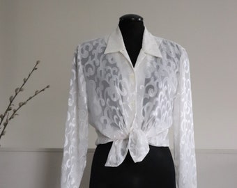 1980's Semi-Shear White Blouse by Sears - Vintage 80's Scroll Pattern n Long Sleeve Blouse - Lovely Vintage All Season Blouse