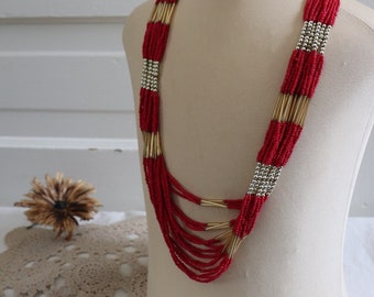 1970's Bohemian Mutli-Strand Glass Beaded Necklace - Vintage Red, Gold n Silver Beaded Necklace