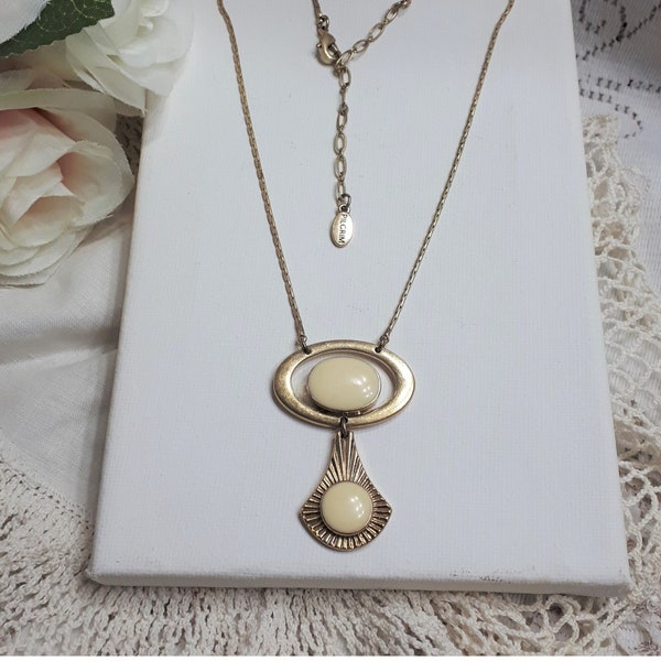 1980's Pilgrim Cream n Gold Pendant Necklace - Vintage Danish Mod Style Necklace