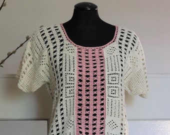 Vintage 80's Pink n Cream Crochet Sweater Top - 1980's Spring/Summer Mosaic Knit Short Sleeve Sweater