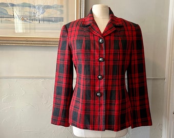 Vintage 80's Franco Mirabelli Red n Black Plaid Blazer -  1980's Blazer Made in Canada -  Spring/Fall Wool Blend Blazer