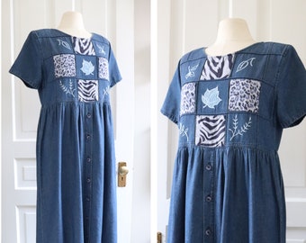 Vintage 80's Erika & Co. Cottagecore Denim Dress - Vintage Patchwork Demin Dress - 1980's Back Tie-up Jean Dress