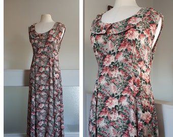 Vintage Pink n Green Floral Cottagecore Dress - Y2K Summer Midi Length n Sleeveless Floral Dress