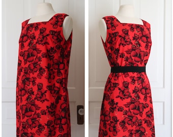 Vintage 50's Floral Hawaiian Dress -  Red n Black Sleeveless Shift Dress - 1950's Hibiscus Summer Dress