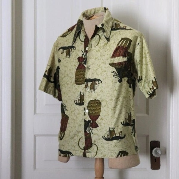 Rare Vintage 60's Go Barefoot in Paradise Cabana Shirt -  1960's Mid Century Resort Wear - Tribal Pattern Hawaiian Shirt