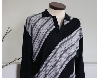 1980's Grey n Black Sweater - Made in Torras Spain  - Diagonal Striped Long Sleeve Sweater - Vintage 80's Collared Sweater