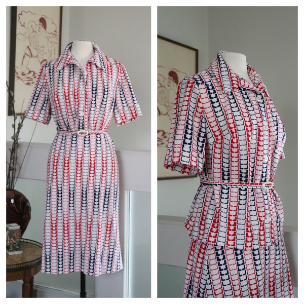 1960's 2pc Mod Suit - Retro Pattern Blouse n Skirt Set - Vintage 60's Red, White n Blue 2pc Suit Dress