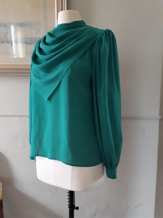 Vintage 80's Emerald Green Blouse - Sears Shawl C… - image 7