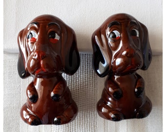 1960's Hound Dog Salt n Pepper Shakers - Glazed Ceramic Dog Salt & Pepper Shakers - Vintage Kitschy Salt n Pepper Shakers