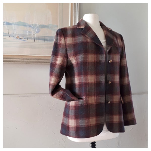 1990's L.L Bean Plaid Blazer - Wool n Cashmere Blazer - 90's Burgundy n Tan Button Up Blazer